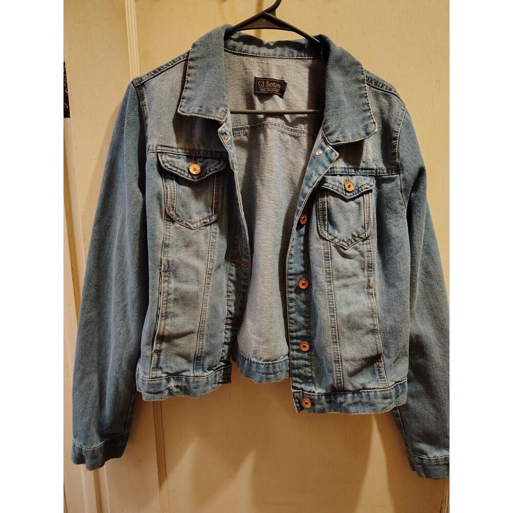 Ci Sono Womens Size XLarge Blue Distressed Button Up Denim Jacket Light Wash